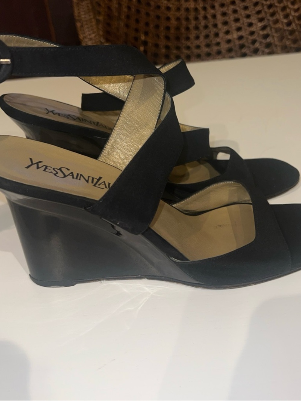 Yves Saint Laurent Black Patent & Suede Cross-Strap Wedge Sandals size 8